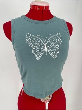 Urban Outfitters Muted Blue Cropped Open Back Tank Top Butterfly Graphic